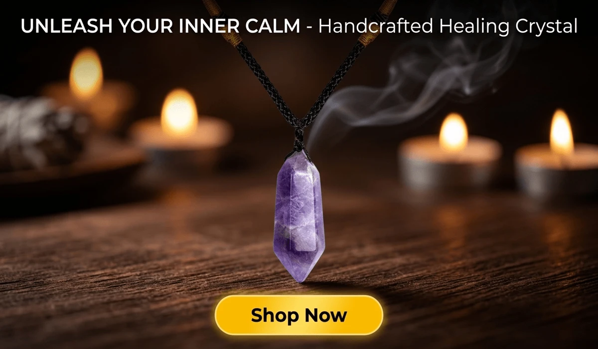 Amethyst Serenity Necklace for spiritual balance and healing - Handcrafted purple crystal pendant blog illustration with Shop Now button