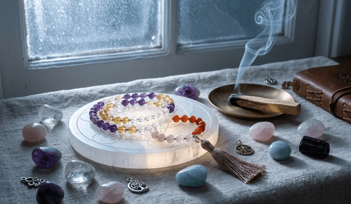 Cleansing gemstone mala beads with Palo Santo smoke and charging them on a Selenite crystal under moonlight.