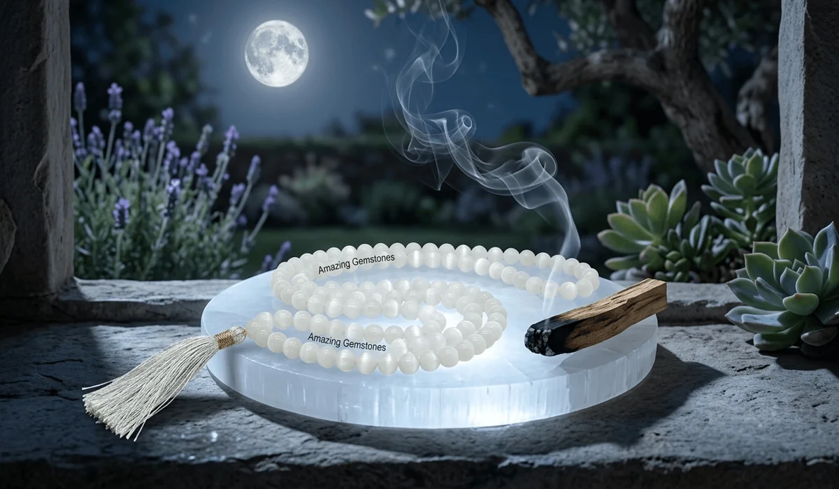 A gemstone mala being cleansed with Palo Santo smoke on a selenite plate under moonlight, representing the charging of a meditation tool for a new beginning.
