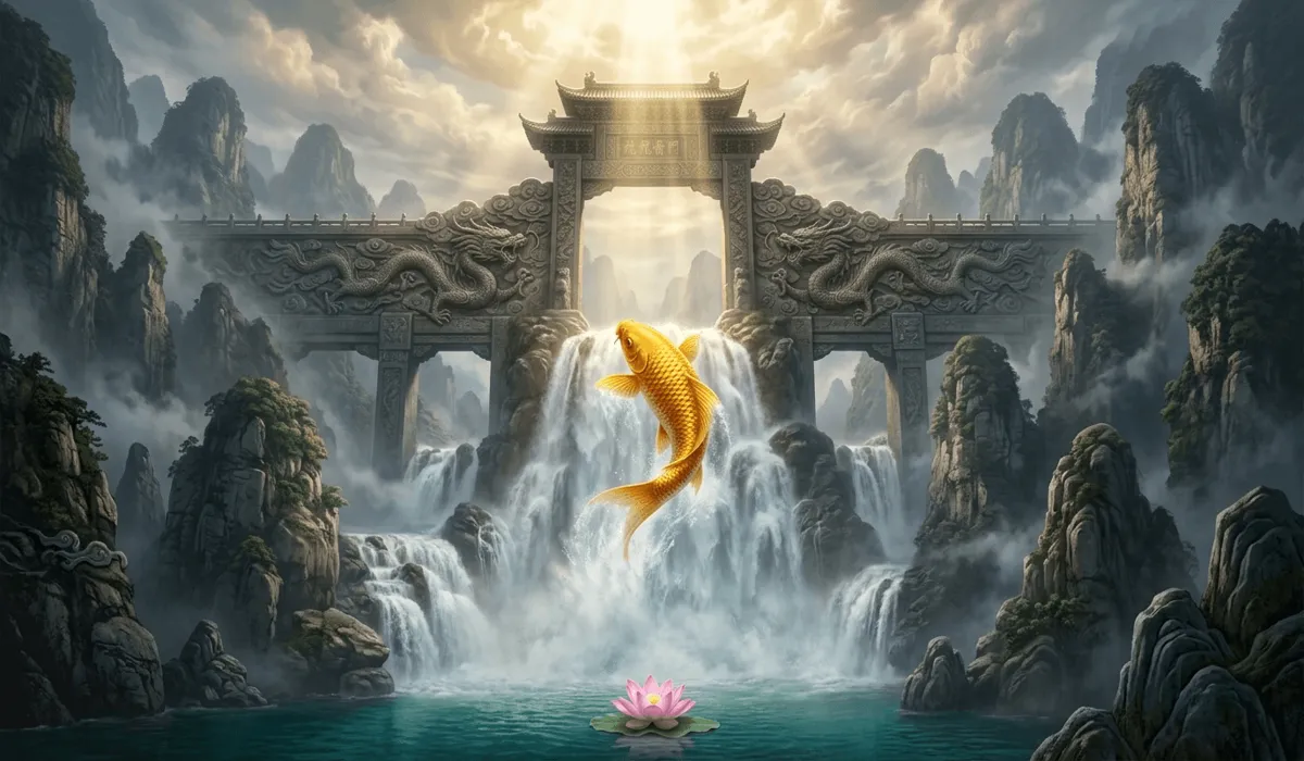 A golden Koi fish leaping up the Dragon Gate waterfall with a pink lotus flower in the foreground, symbolizing perseverance and transformation.