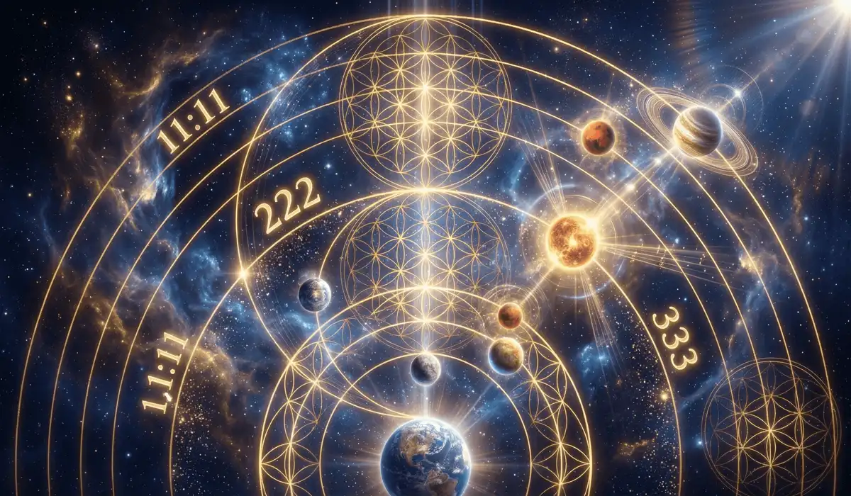 Ancient Pythagorean sacred geometry and celestial orbits with glowing golden angel numbers representing the music of the spheres.