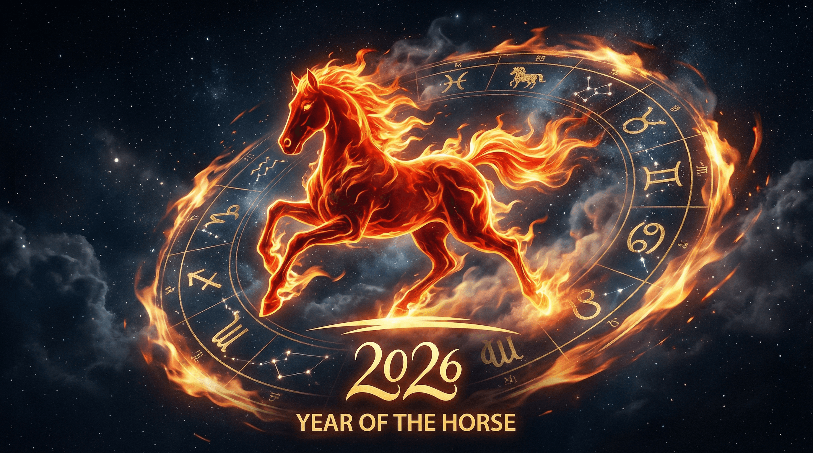 Artistic visualization of the 2026 Fire Horse Chinese Zodiac symbol representing energy and transformation.
