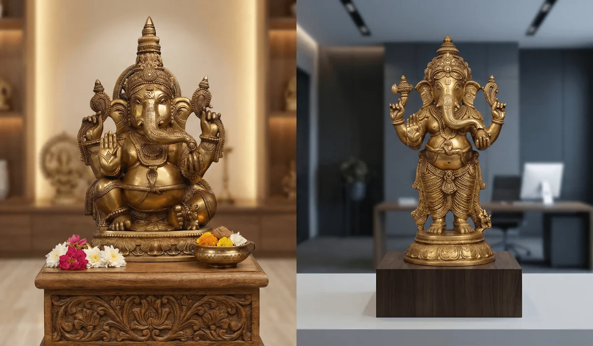 Comparison of sitting and standing Ganesha statues showing correct Vastu placement for home and office energy.