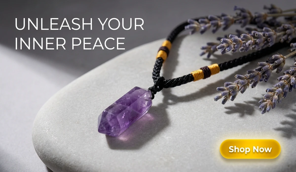 Amethyst Serenity Necklace featuring a purple crystal point pendant on a black cord, spiritual healing jewelry for spirit and balance.