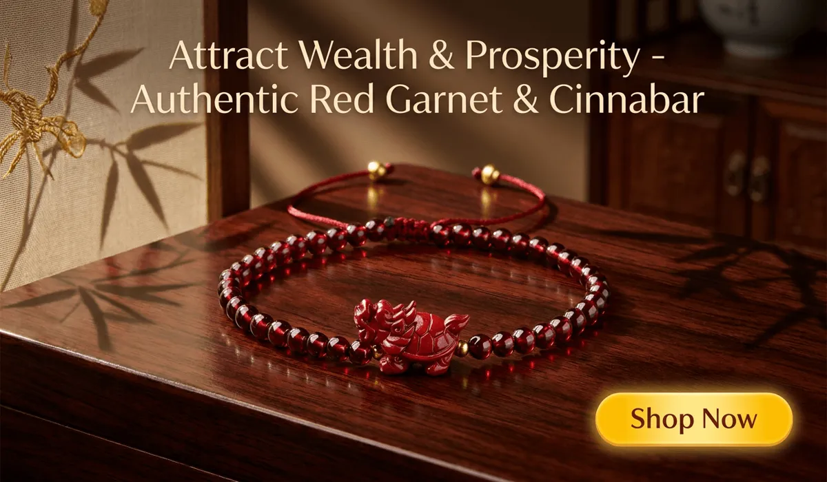 Wealth-Attracting Dragon Turtle Cinnabar Garnet Bracelet displayed in a Feng Shui style setting with a Shop Now button
