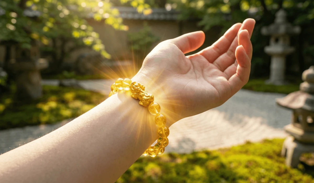 A Pixiu wealth bracelet worn on the left wrist to receive positive energy and abundance according to Feng Shui rules.