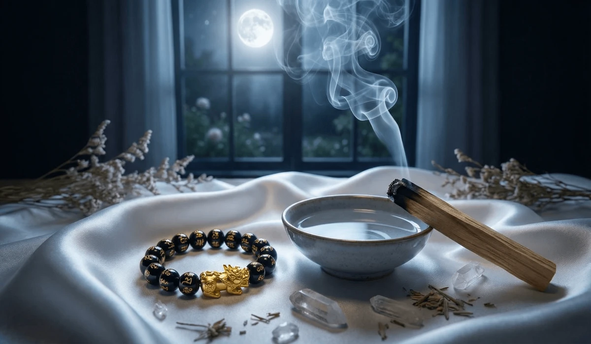 Cleansing and recharging a Pixiu bracelet under moonlight with water and palo santo smoke.