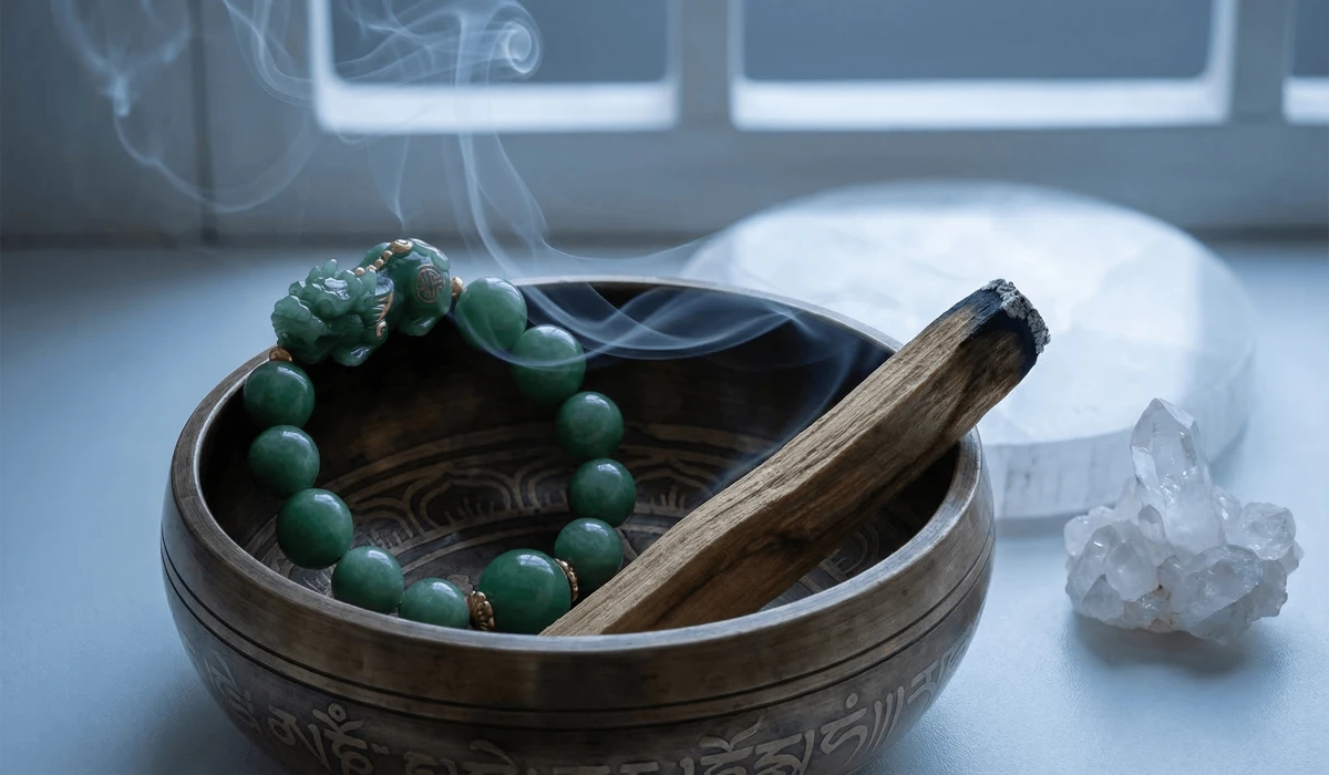 Cleansing a Mantra Carved Pixiu Bracelet using a singing bowl and Palo Santo smudge stick.