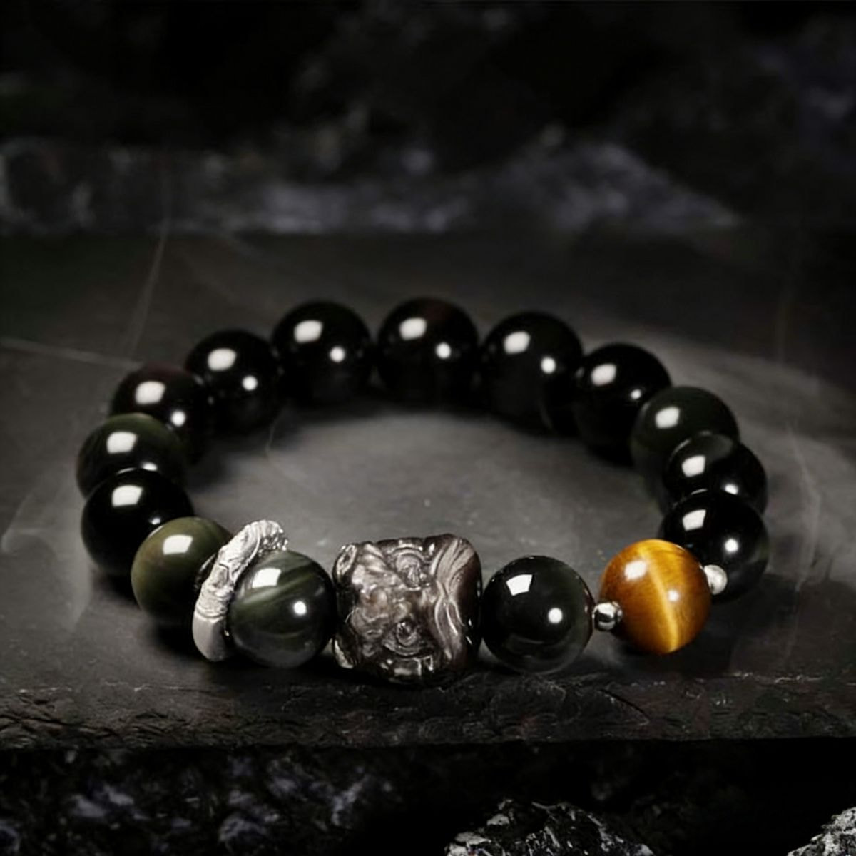  Courage-Awakening Lion Black Obsidian Tiger's Eye Bracelet - The Shield of Bold Fortune