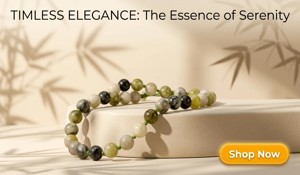 Qinghua Jade Beads Necklace featuring multi-colored green, white and black jade beads on a serene Zen-style background with a Shop Now button for SEO blog content.
