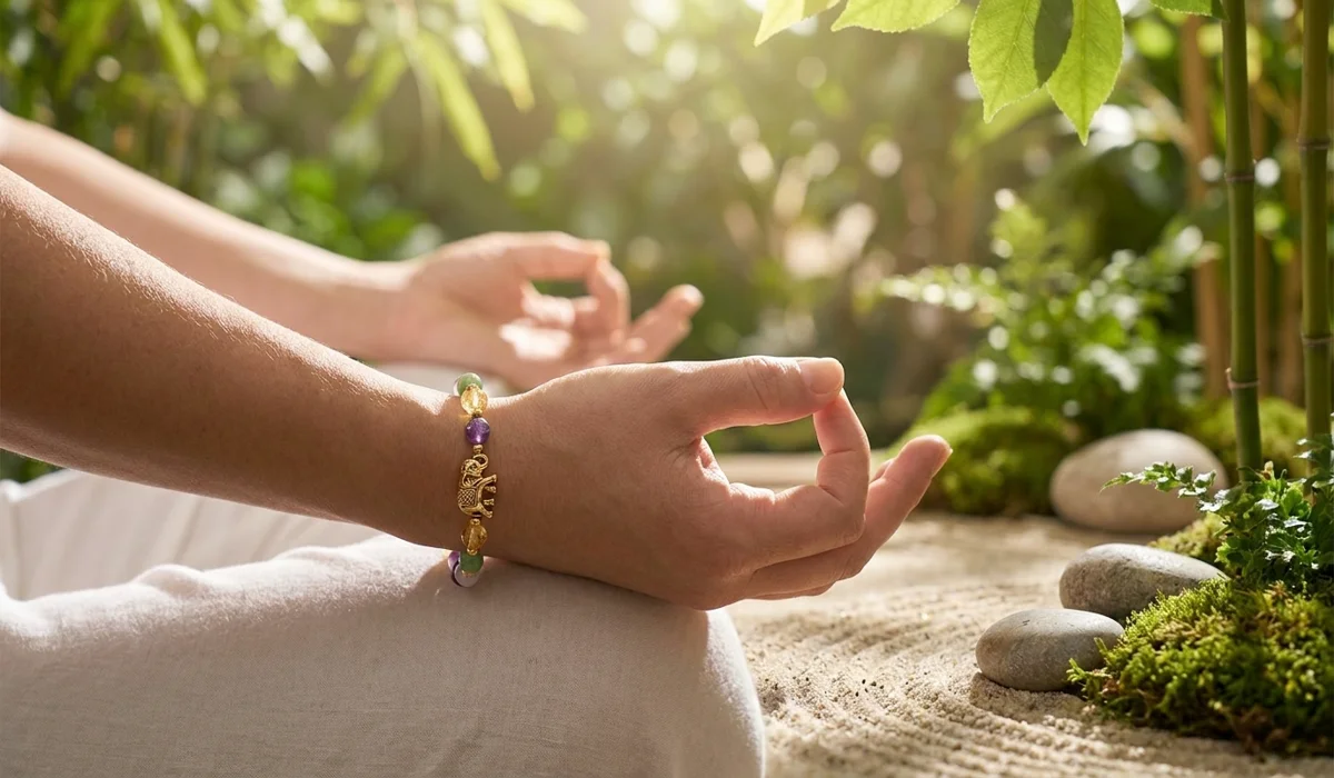 A person wearing an elephant bracelet on their left hand during meditation for spiritual receiving.