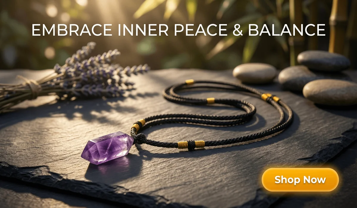 Amethyst Serenity Necklace crystal pendant for spiritual balance with Shop Now button for e-commerce blog