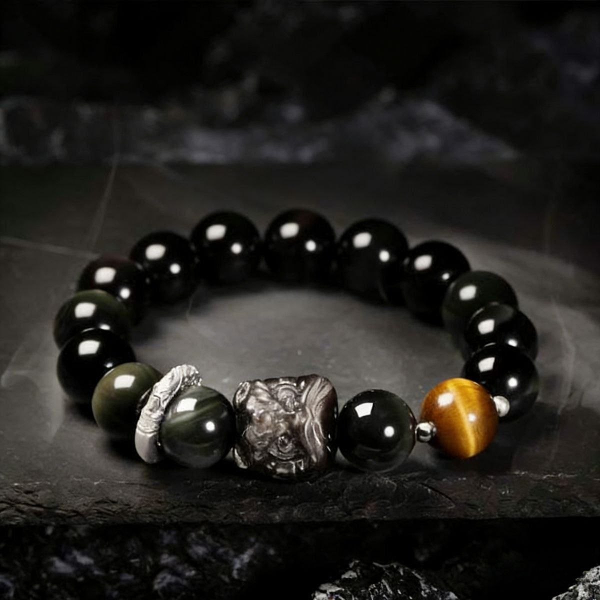  Courage-Awakening Lion Black Obsidian Tiger's Eye Bracelet - The Shield of Bold Fortune
