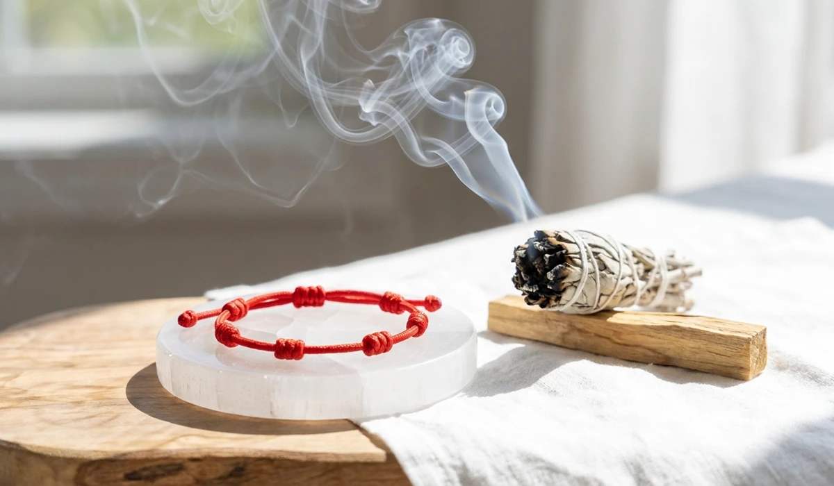 Cleansing and charging a 7-knot red string bracelet with sage and Selenite to maintain its protective energy.