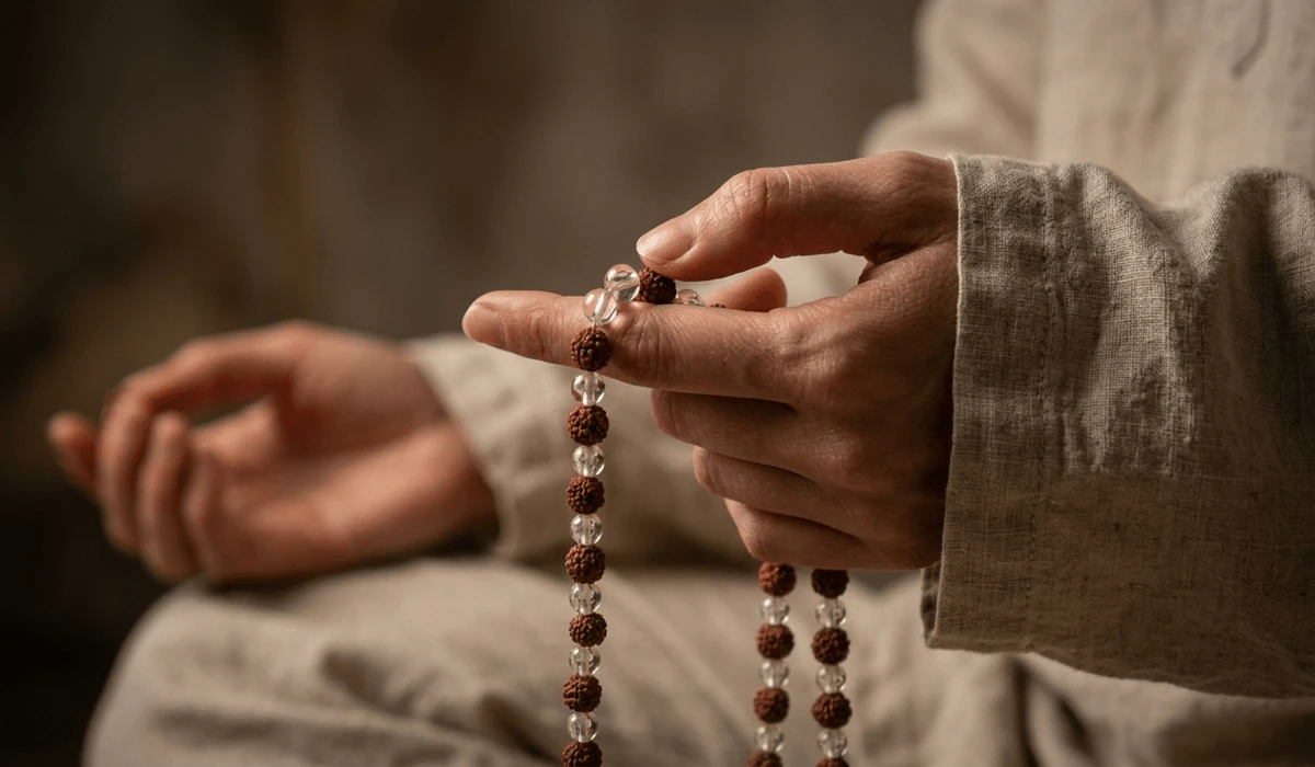 Close-up of hands correctly holding and moving mala beads during Japa mantra meditation.