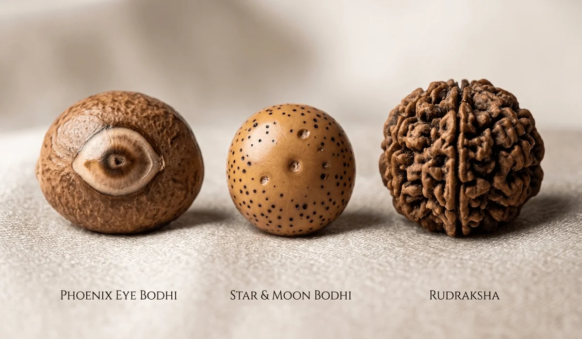 Comparison of Phoenix Eye Bodhi seeds, Star and Moon Bodhi seeds, and Rudraksha beads.