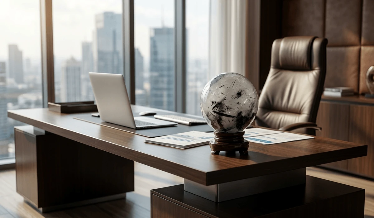 A black rutilated quartz crystal sphere placed on an executive office desk for career growth and wealth strategy.