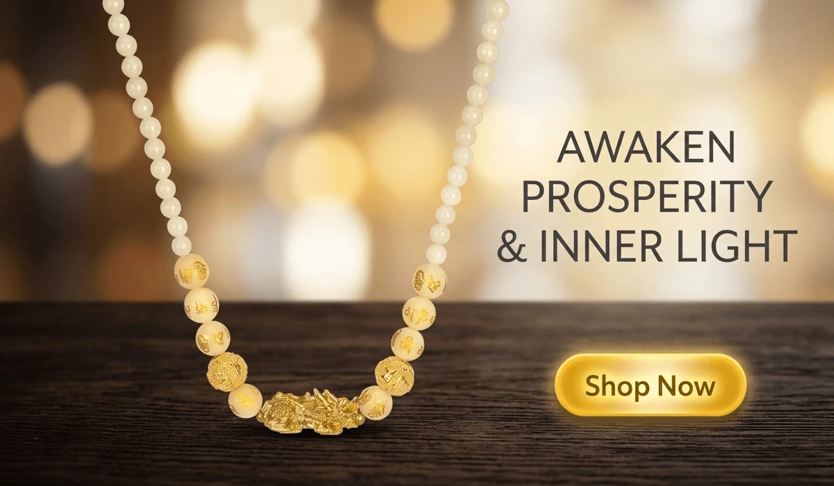 Glowstone Pixiu Fortune Necklace for wealth and inner light, featured in a luxury Zen-style e-commerce blog layout with a Shop Now button.