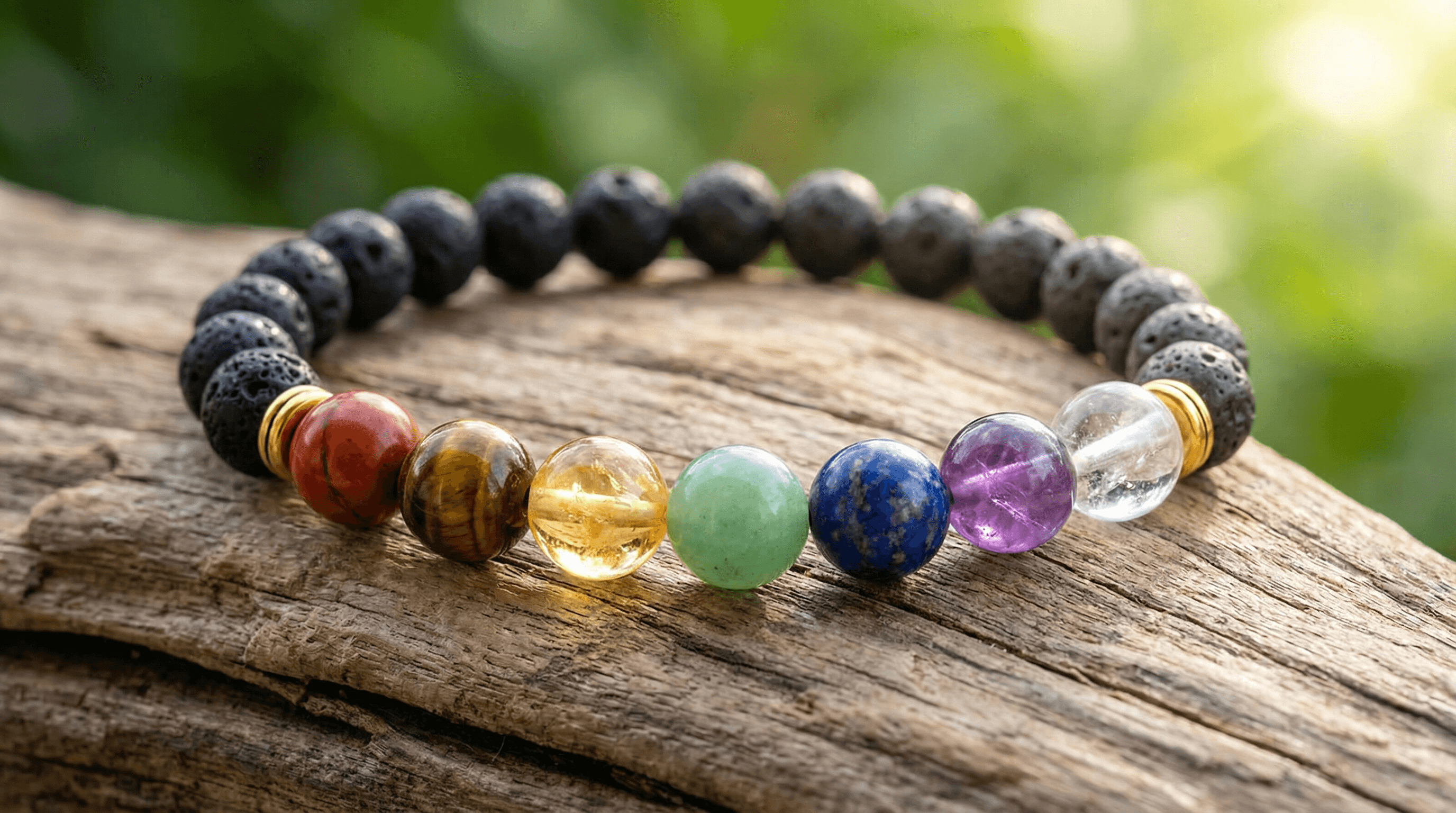 A high-quality close-up of a 7 chakra bracelet with seven distinct colorful gemstones and black lava beads on a natural wood surface.