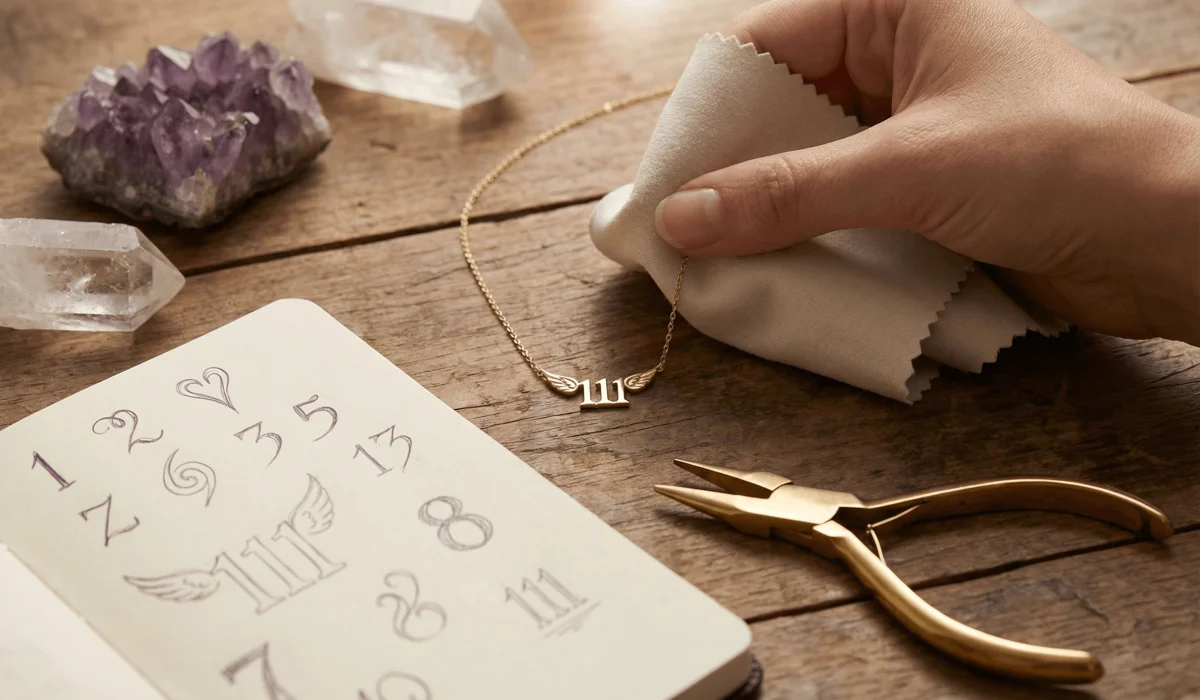 Close-up of a 111 angel number gold necklace on a designer workbench with gemstones and tools, illustrating the process of designing personalized spiritual jewelry.