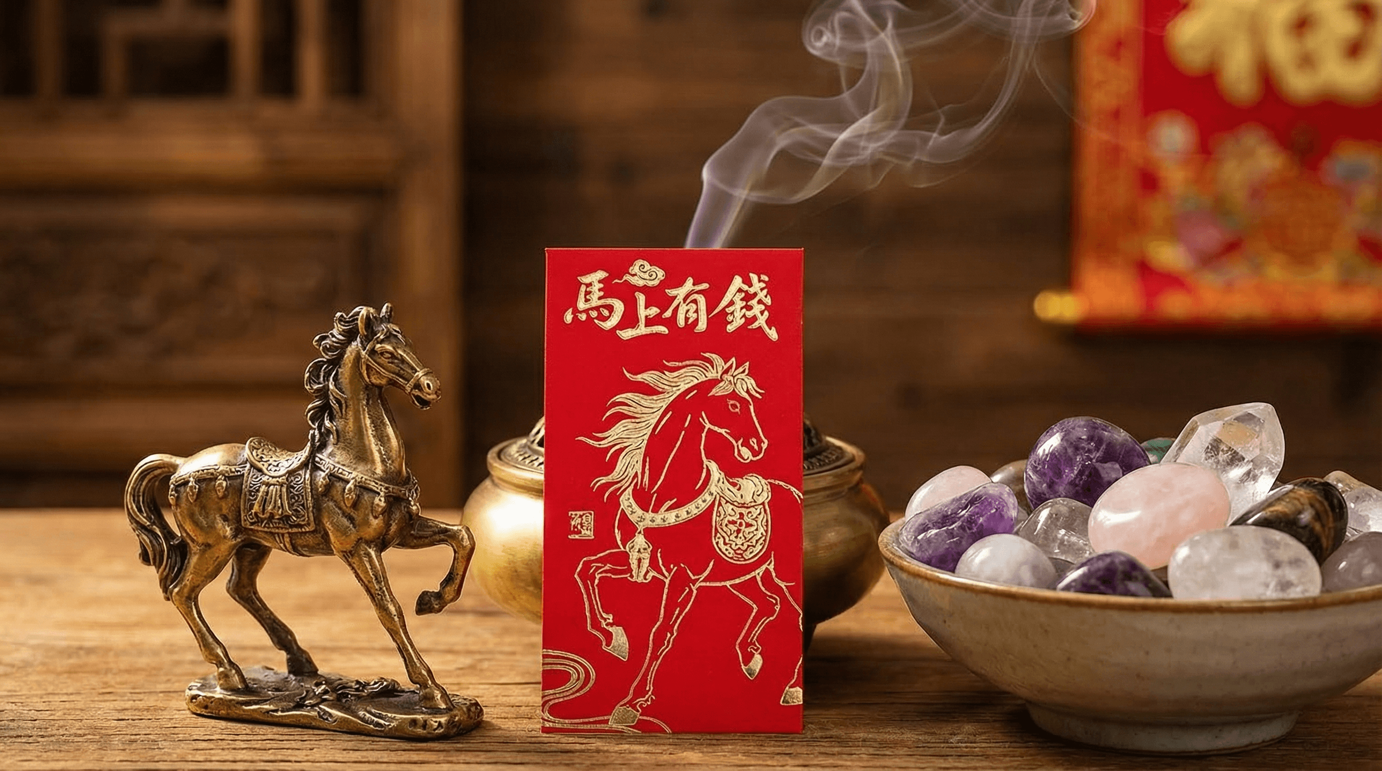 Traditional Chinese New Year cultural items including a horse figurine and red envelopes to welcome 2026.