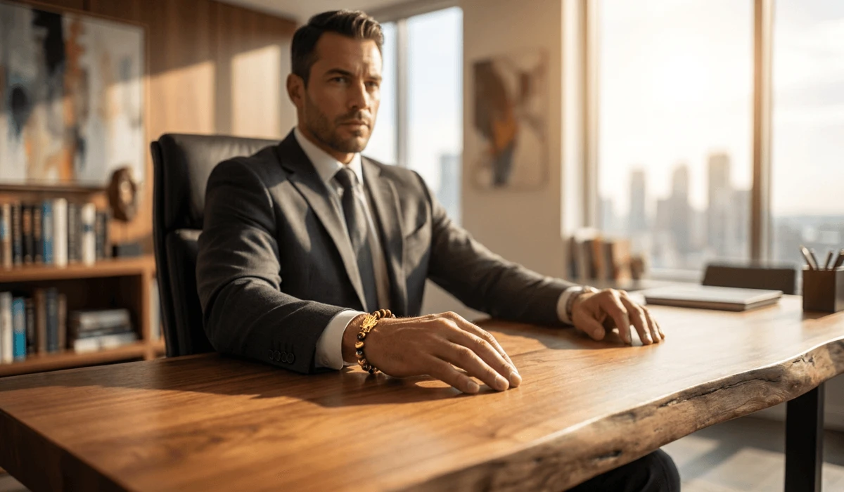 Modern business leader wearing a Feng Shui tiger eye dragon bracelet for career success, confidence, and executive power.