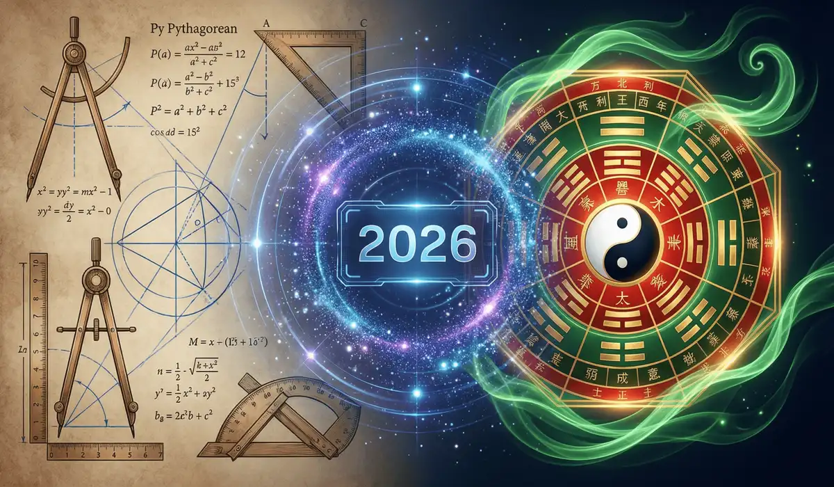 Visual representation of Western Pythagorean logic vs Eastern Feng Shui energy and the 2026 digital spiritual awakening.