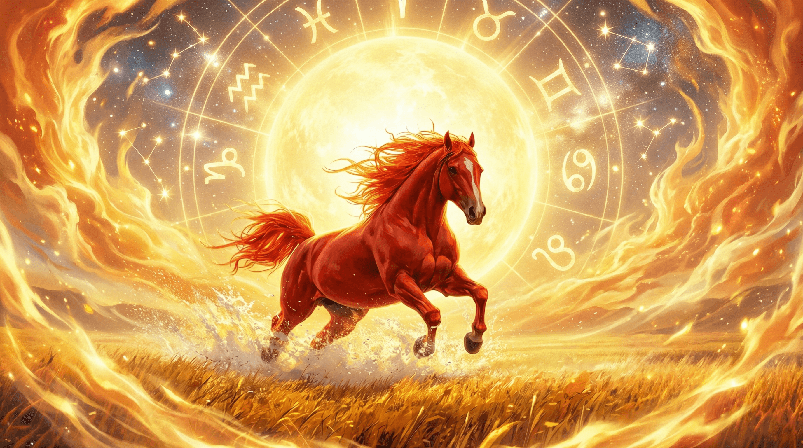 Majestic Chinese Zodiac Horse galloping through solar fire, representing Yang energy and vitality.