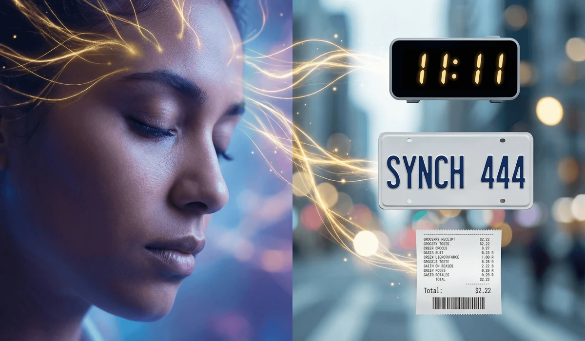 Visualizing synchronicity with repeating angel numbers 1111, 444, and 222 appearing in everyday life settings.