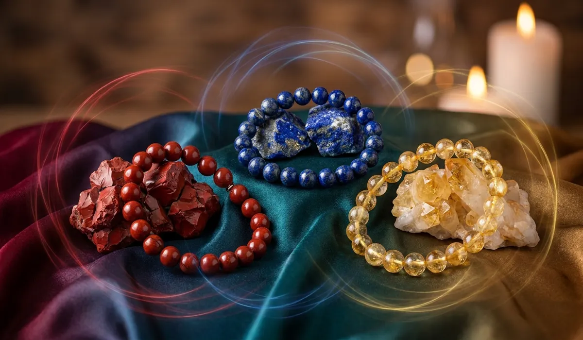 Chakra-aligned crystal bracelets including Red Jasper and Lapis Lazuli representing spiritual symbolism and energy balancing.