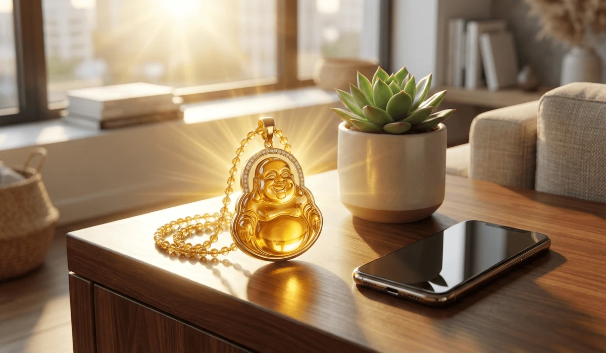 Luxury Laughing Buddha citrine pendant jewelry serving as a mindfulness anchor against digital stress and a charm for wealth.