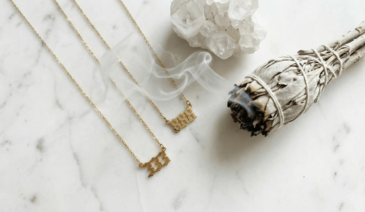 Matching angel number necklaces being cleansed with sage and crystals to refresh spiritual intentions.