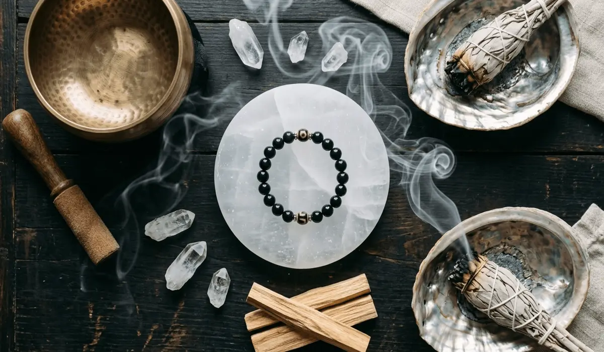 A Dzi bead black obsidian bracelet resting on a selenite charging plate surrounded by white sage smoke for cleansing.