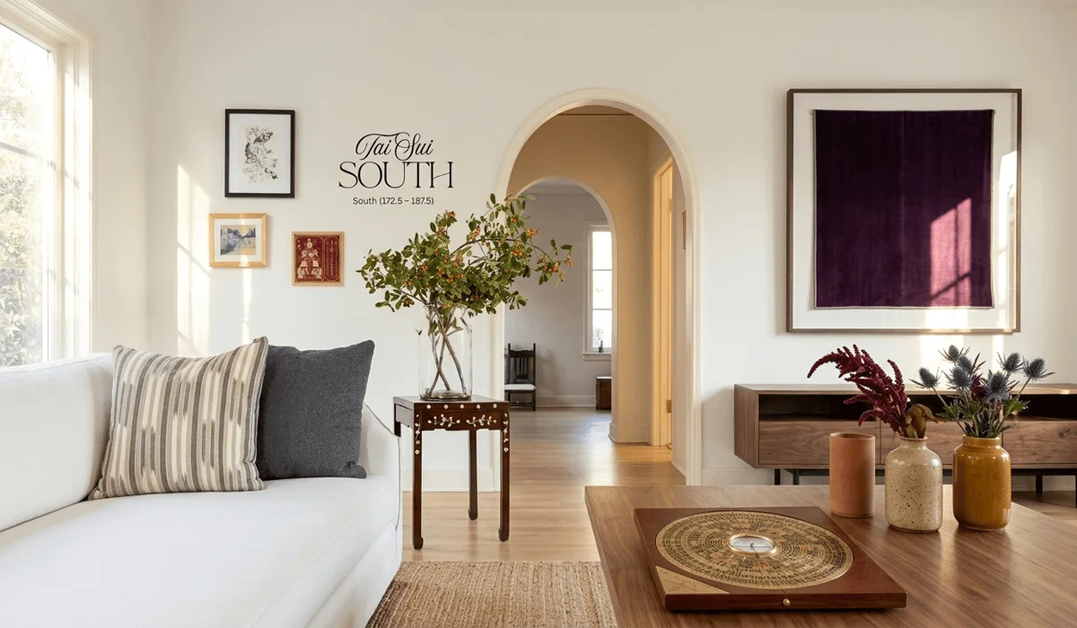 Modern interior design showing 2026 Feng Shui directional awareness for Tai Sui in the South sector.