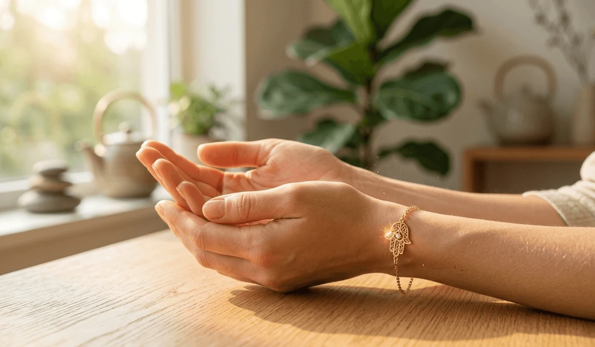 A woman wearing a gold Hamsa bracelet on her left wrist with palm up to receive protective energy.
