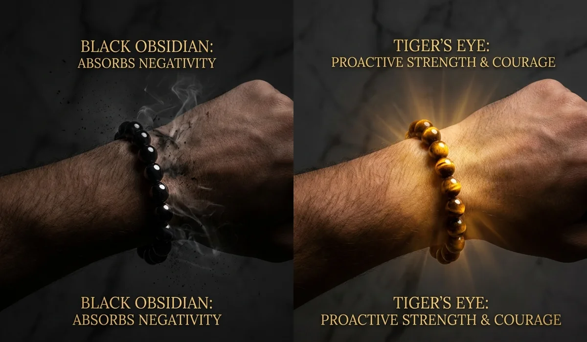 Comparison of Black Obsidian and Tiger's Eye bracelets for men, highlighting their different protective qualities.