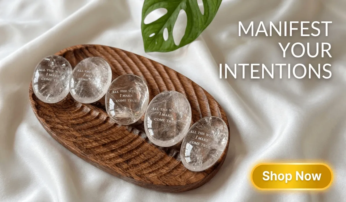Natural high-clarity clear quartz palm stones engraved with manifestation quotes for meditation and spiritual healing.