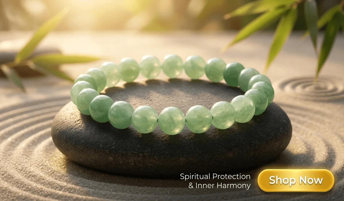 Natural Green Jade Beaded Bracelet for spiritual protection and inner harmony, luxury blog product illustration with Shop Now button.