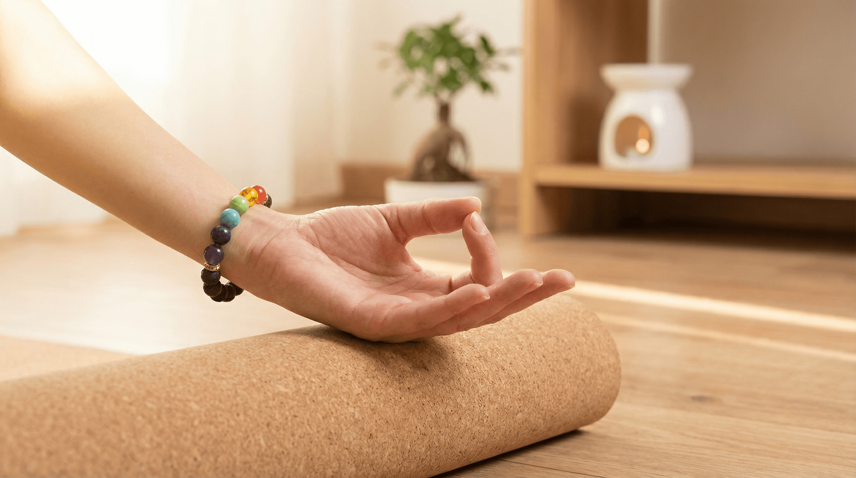 A woman wearing a 7 chakra bracelet on her left wrist during a meditation session to align her energy centers.