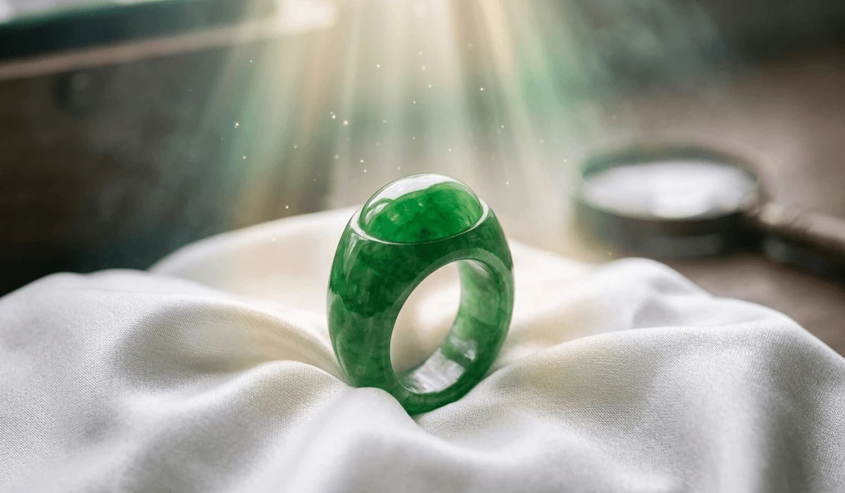 A high-quality imperial green jade ring representing the Stone of Heaven and its spiritual protection properties.