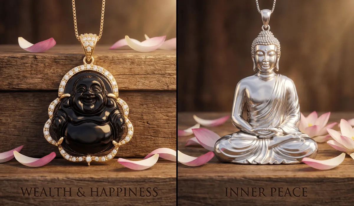 Comparison between a Laughing Buddha pendant for luck and a Shakyamuni Buddha pendant for meditation.