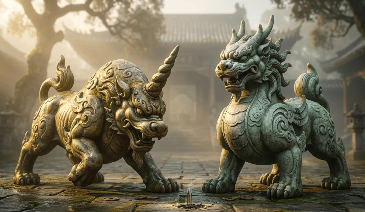Comparative image showing Tian Lu with one horn for acquiring wealth and Bi Xie with two horns for protecting assets in Feng Shui lore.