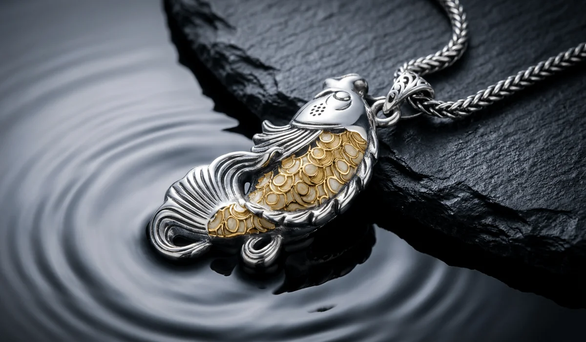 Handcrafted sterling silver koi fish necklace pendant close up showing fine scale craftsmanship