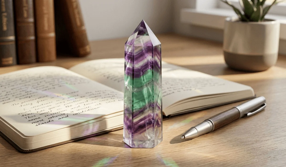 Polished rainbow fluorite crystal point displaying purple and green color bands on a wooden study desk next to an open notebook.