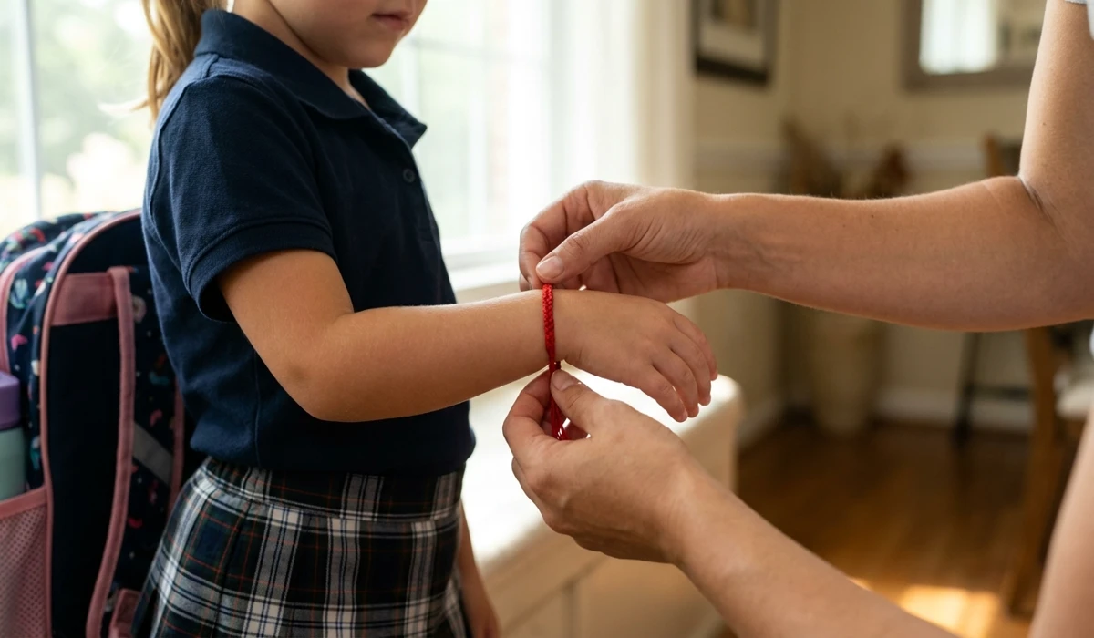 A parent placing a Tibetan protection bracelet on a child's left wrist to provide spiritual grounding for school.