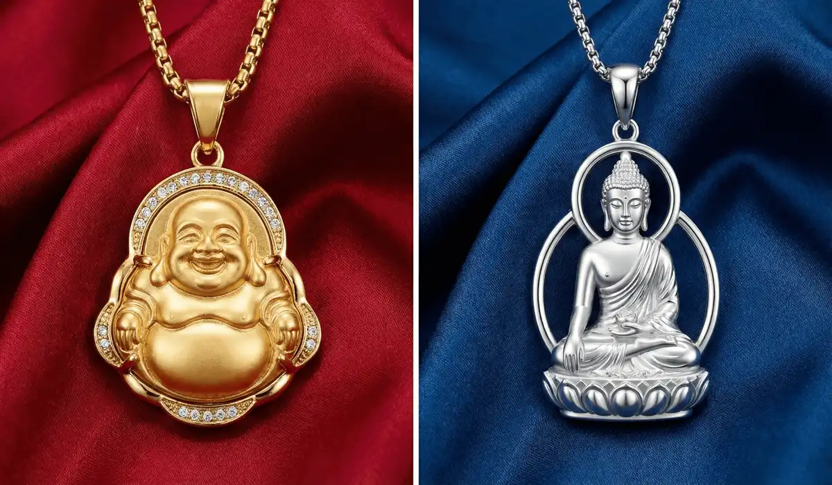 Comparison between a Laughing Buddha pendant for luck and a Shakyamuni Buddha necklace for spiritual wisdom.