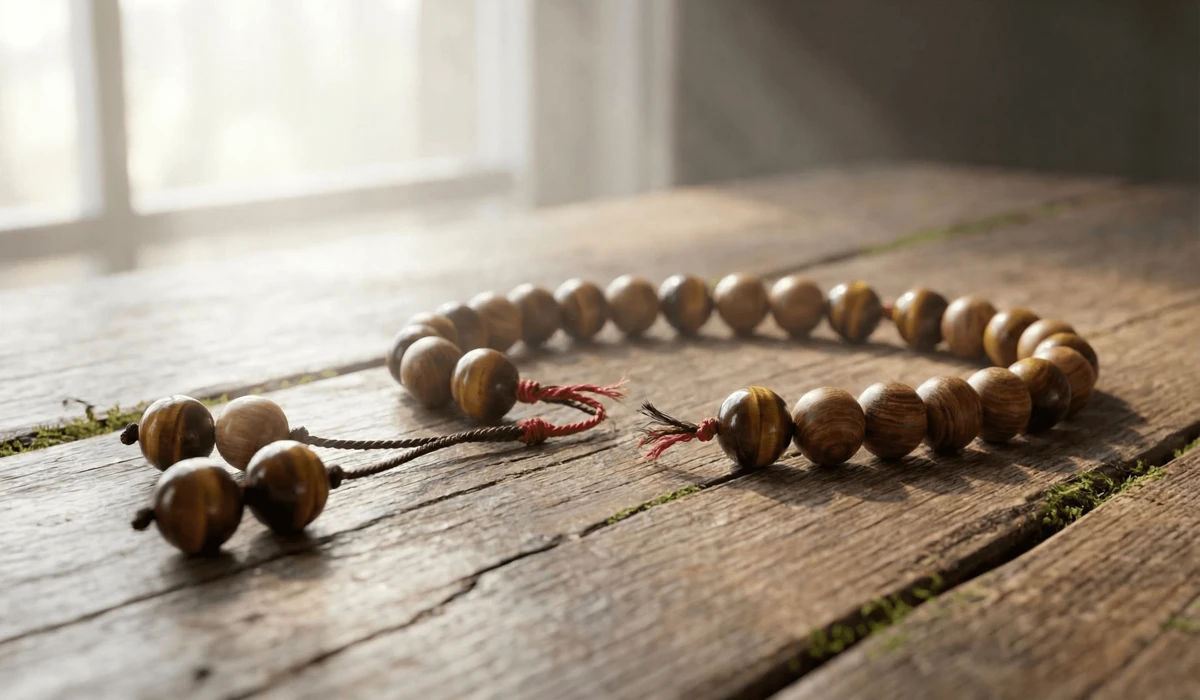 A broken wooden and gemstone wrist mala bracelet with scattered beads on a wooden surface, symbolizing karmic cycle completion.
