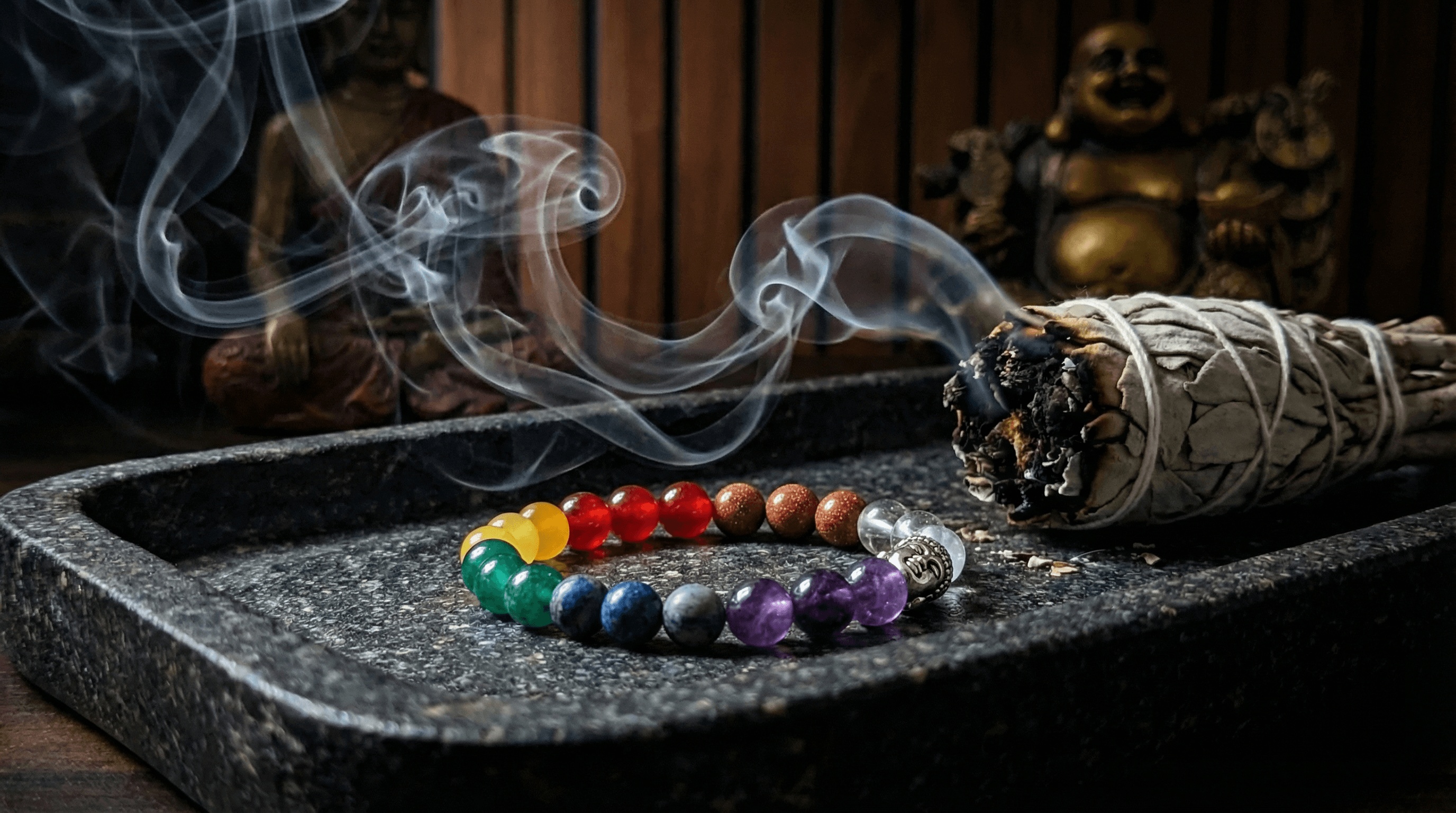 Cleansing a 7 chakra bracelet with sage smoke to reset the vibrational energy of the healing crystal stones.