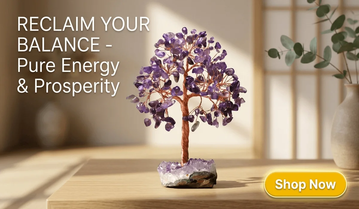 Amethyst Crystal Tree of Life for positive energy and good luck decoration, featuring a Shop Now button and healing crystal aesthetic.