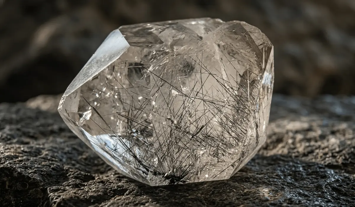 A close-up shot of a clear Black Rutilated Quartz crystal featuring intricate needle-like black inclusions.